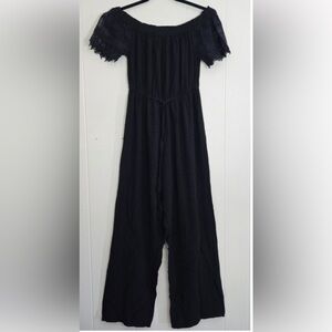 Hint of Blush Black Off Shoulder Crochet Sleeve Wide Leg Jumpsuit - Size Large